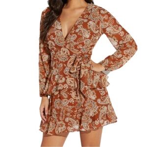 Alythea Dress Womens Small Brown Paisley Long Sleeve V-Neck Wrap‎ Bodice Lined